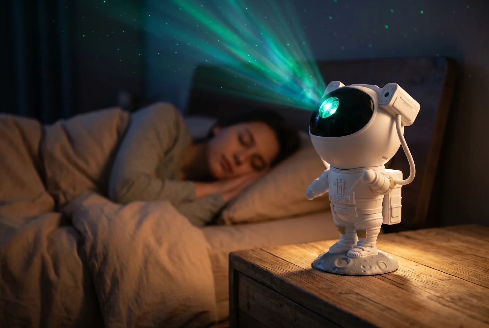 A child asleep while the projector paints a calm teal nebula on the ceiling