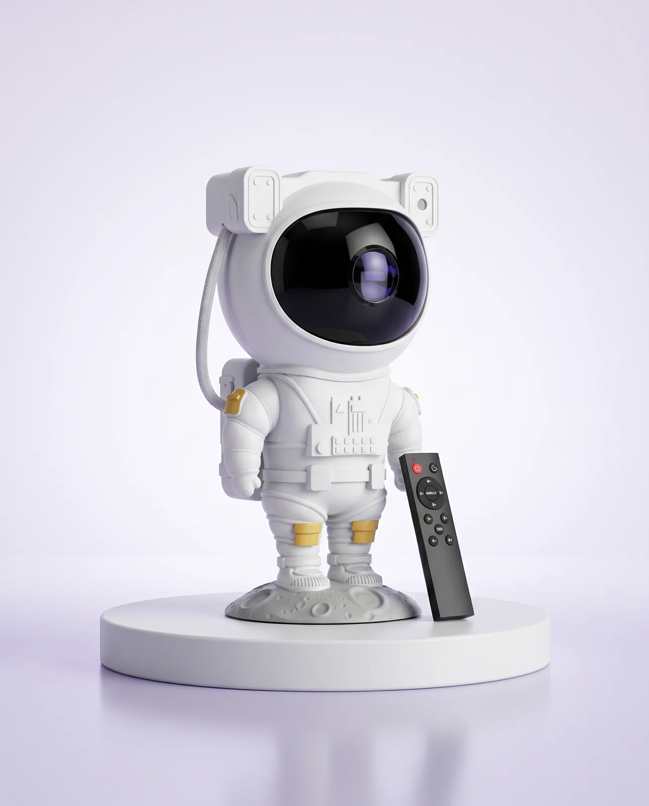 Astronaut Galaxy Projector — studio shot on a podium with its remote